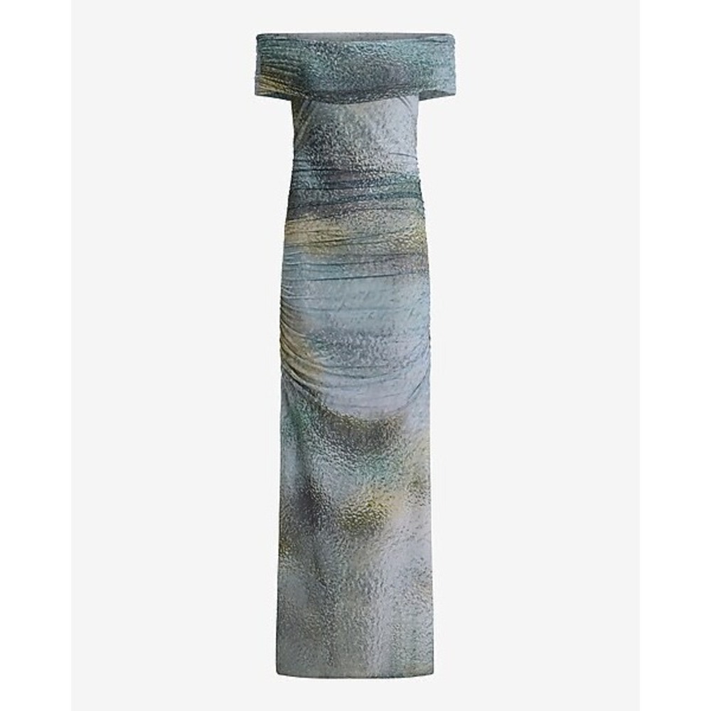 Express Womens Abstract Print Ruched Off The Shoulder Mesh Maxi Dress Green M - Picture 4 of 9